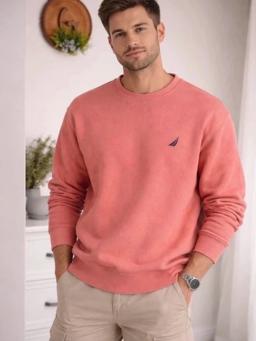 Nautica Men's Crewneck Sweater in Coral Pink